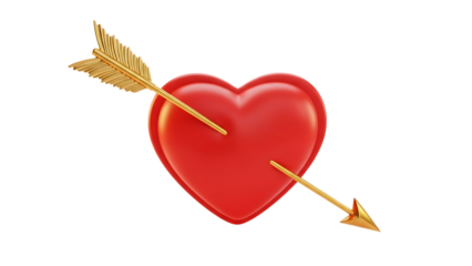 Red heart pierced by golden arrow isolated on transparent background