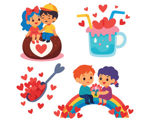 Fototapeta premium A happy set of cartoon kids including a girl and boy playing with toys and a ball alongside a cute animal character and cat in a fun family illustration