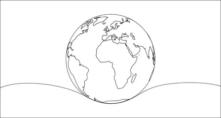 Minimal world map globe illustration resting on curved lines, representing Earth, geography, global concepts, and environmental themes © MstMukta