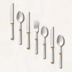 Elegant white and gold cutlery arranged diagonally