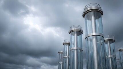A series of tall modern cylindrical glass and metal structures are captured in perspective set against a dramatic moody overcast sky