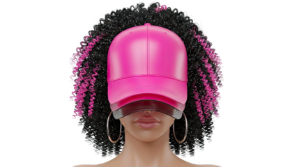 Woman with Pink Baseball Cap and Curly Hair