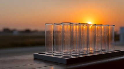 Transparent glass test tubes in a rack bathed in the warm glow of a sunset