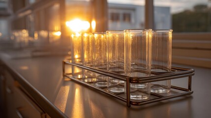 Clear glass test tubes in a rack illuminated by sunset light in a laboratory