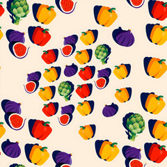 Flat lay pattern of figs bell peppers and artichokes