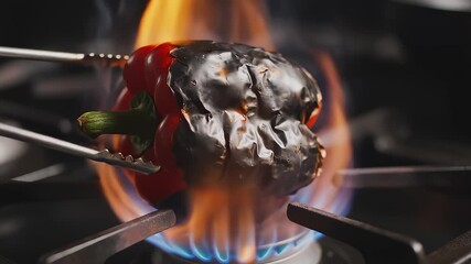 Red Bell Pepper Being Charred Over Open Flame for Roasting Process