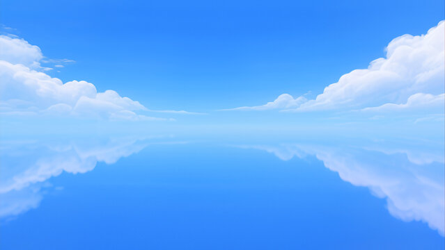 Tranquil blue sky mirror reflection water surface pure white fluffy clouds summer day