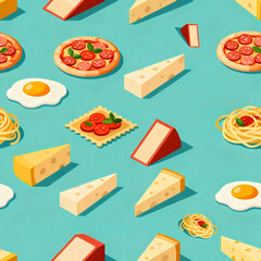 Isometric pizza cheese blocks and fried eggs on blue
