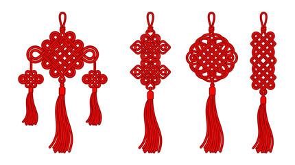 A collection of four intricate red Chinese knot ornaments with tassels, symbolizing good fortune and prosperity.