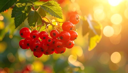 Close-up of bright red berries clustered on a branch with green leaves, illuminated by golden sunlight and bokeh