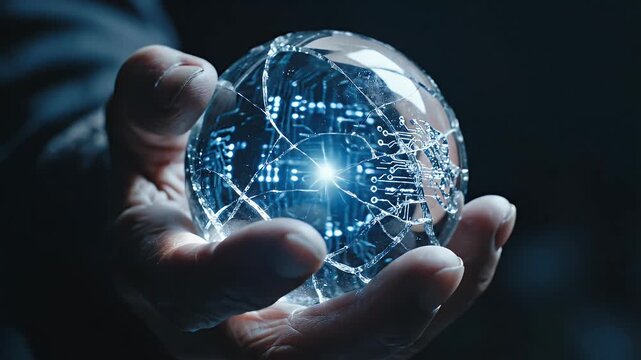 Shattered Tech Globe - A hand holds a shattered glass globe with an embedded circuit board pattern, symbolizing fragility in technology. The scene evokes themes of broken systems and vulnerabilities.