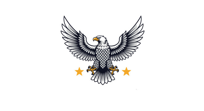 A powerful American bald eagle with wings spread wide in a classic emblem style perfect for a patriotic mascot or logo design.