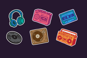 Set of retro analog music players and cassette recorder stickers, headphones, tape, jukebox, boombox. Vector hand drawn doodle style audio devices - turntable, vinyl record design illustration © Muhammad