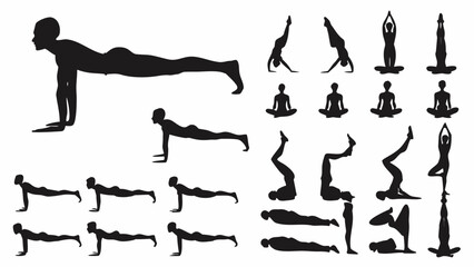 Various yoga poses and exercises in dynamic black silhouettes
