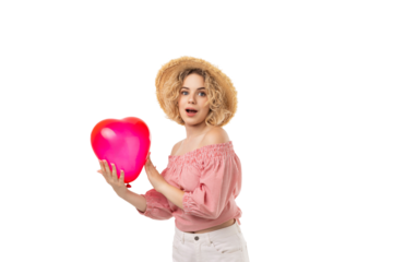 Woman in striped top holds pink heart balloon, isolated, PNG