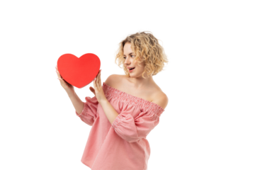 Woman playfully shows a big red heart, isolated, PNG
