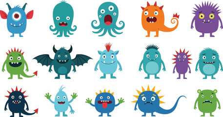 Cute colorful cartoon monster character set featuring funny creatures with unique shapes, expressions, and playful fantasy designs © MstMukta