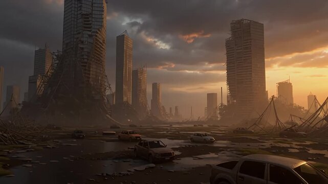 Post-apocalyptic cityscape with ruined buildings and abandoned cars at sunset from a high vantage point showing destruction and desolation everywhere around