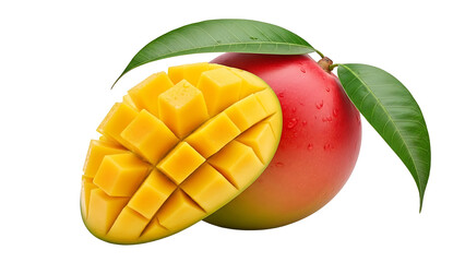 Fototapeta premium Ripe Red Mango Fruit with Sliced Half and Green Leaves, isolated on transparent background
