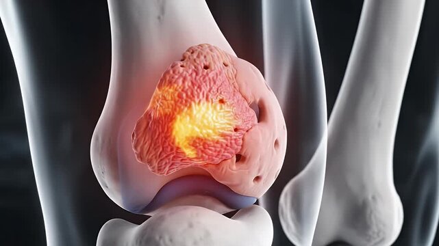 Bone Cancer Illustration - This video depicts an illustration of bone cancer in a knee joint. The cancerous growth is shown in red and yellow, highlighting the affected area on the bone.