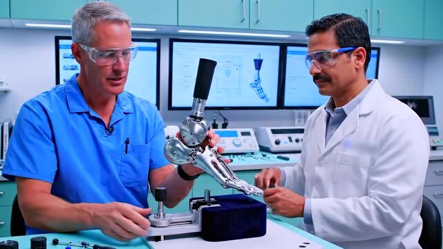 white and asian male engineers testing prosthetic joint on workbench, tightening fasteners and calibrating actuator while discussing fit and biomechanics hightech orthopedic lab