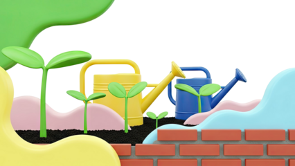 3D Rendering of Sprouting Plants and Watering Cans