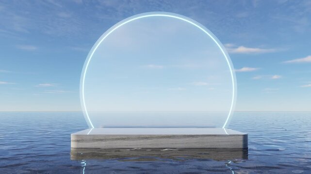 Minimal luxury marble podium with transparent glass frame over calm ocean and blue sky, elegant product display stage for premium branding and cosmetic mockup, 3d rendering