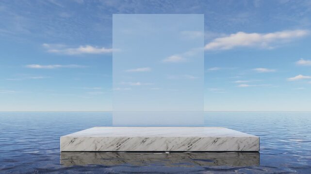 Minimal luxury marble podium with transparent glass frame over calm ocean and blue sky, elegant product display stage for premium branding and cosmetic mockup, 3d rendering