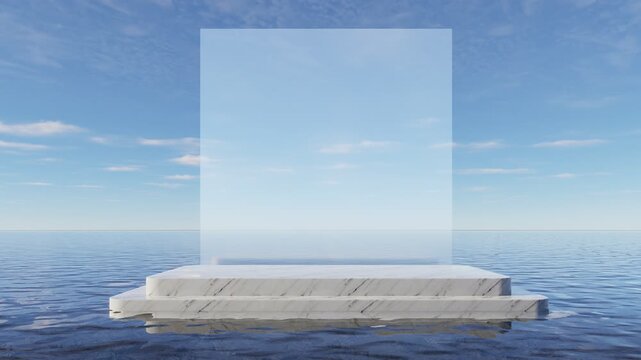 Minimal luxury marble podium with transparent glass frame over calm ocean and blue sky, elegant product display stage for premium branding and cosmetic mockup, 3d rendering