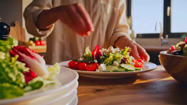 Woman artfully assembles colorful healthy salad platter, Woman of Caucasian background skillfully arranges vibrant array of fresh vegetables on rustic wooden surface