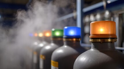 Industrial cryogenic tanks in a line emitting vapor and displaying colorful indicator lights for status monitoring