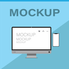Modern computer monitors with blank white screens for displaying digital content and mockups