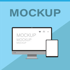 Modern computer monitors with blank white screens for displaying digital content and mockups