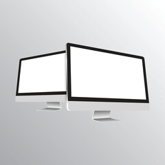 Modern computer monitors with blank white screens for displaying digital content and mockups