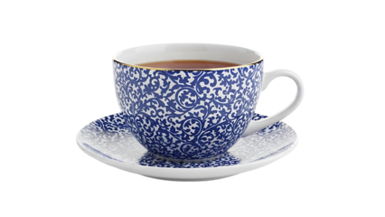 Blue Floral Patterned Teacup and Saucer Filled with Tea isolated on transparent background