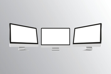 Modern computer monitors with blank white screens for displaying digital content and mockups