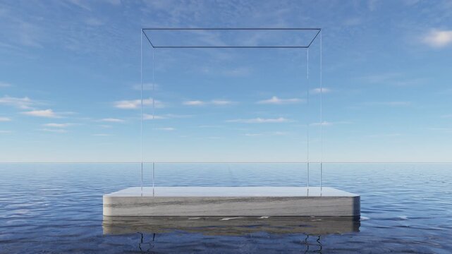 Minimal luxury marble podium with transparent glass frame over calm ocean and blue sky, elegant product display stage for premium branding and cosmetic mockup, 3d rendering