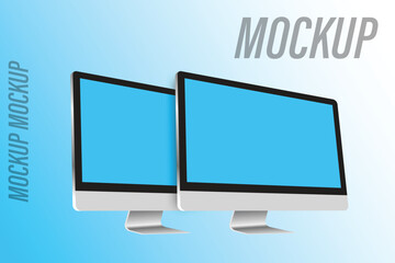Modern computer monitors with blank white screens for displaying digital content and mockups