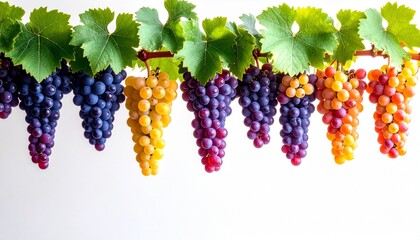 Row of multicolored grape clusters hanging from vine with green leaves on white background