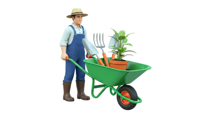 Gardener with Wheelbarrow Full of Tools and Plant