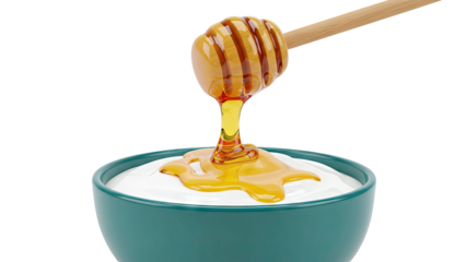 Honey Dripping onto Yogurt in a Teal Bowl