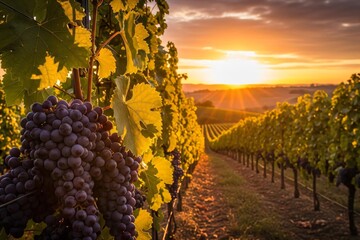Lush vineyard at sunset with ripe purple grapes
