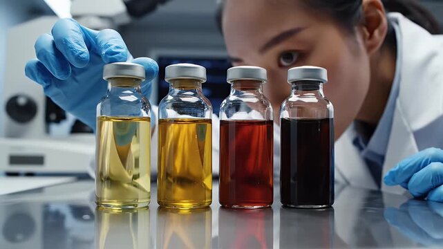 Scientist Analyzing Liquid Samples in Vials - An Asian scientist wearing blue gloves examines a set of glass vials filled with different colored liquids.