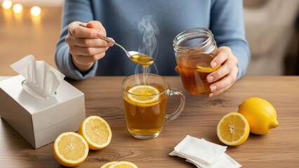 Adult preparing herbal tea with honey and lemon at cozy home setting with tissue box on wooden table