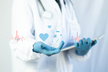 Doctor holding digital heart with ECG line waveform and medical icons, represent examination cardiology care, heart health monitoring, diagnosis, prevention, advanced digital healthcare technology.