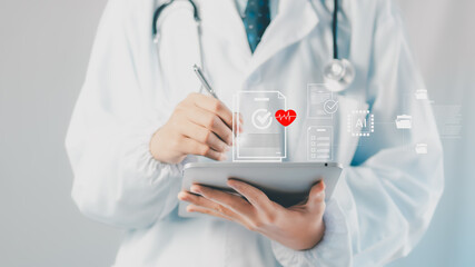 Doctor using digital tablet with medical interface icons showing electronic health records, AI healthcare analytics, clinical documentation, patient data security, modern hospital workflow technology.