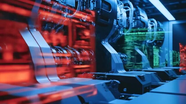 Machine room with diagnostic overlays and red monitoring HUD across industrial equipment, sensors and panels flashing alerts, automated systems and predictive maintenance indicators