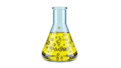 Erlenmeyer flask with yellow liquid and bubbles