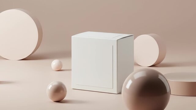 Minimalist product presentation featuring spheres, cylinders, and a white box on a neutral