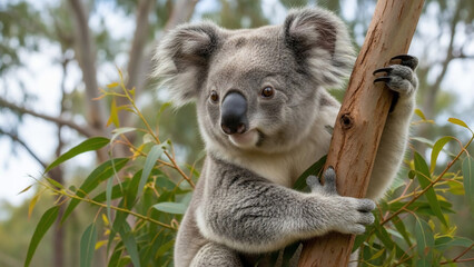 Obraz premium Close-up of a fluffy koala clinging to a eucalyptus tree branch in a natural setting